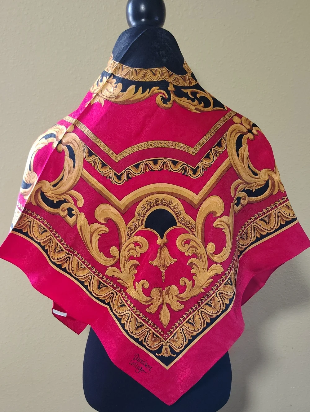 Vintage 100% Silk Red Gold Baroque Print Square Large Scarf 